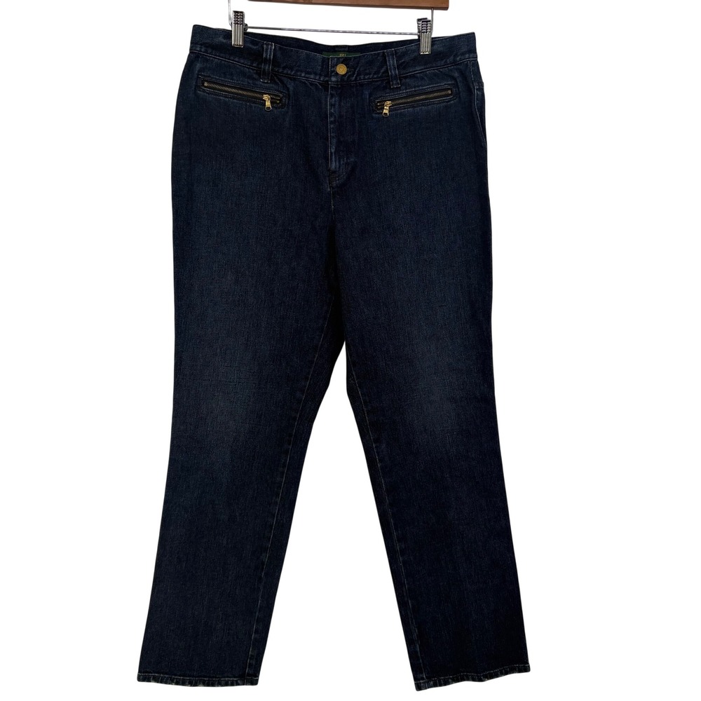 Lauren Ralph Lauren Dark Wash Straight Leg Jeans Gold Zipper Pockets Size 14